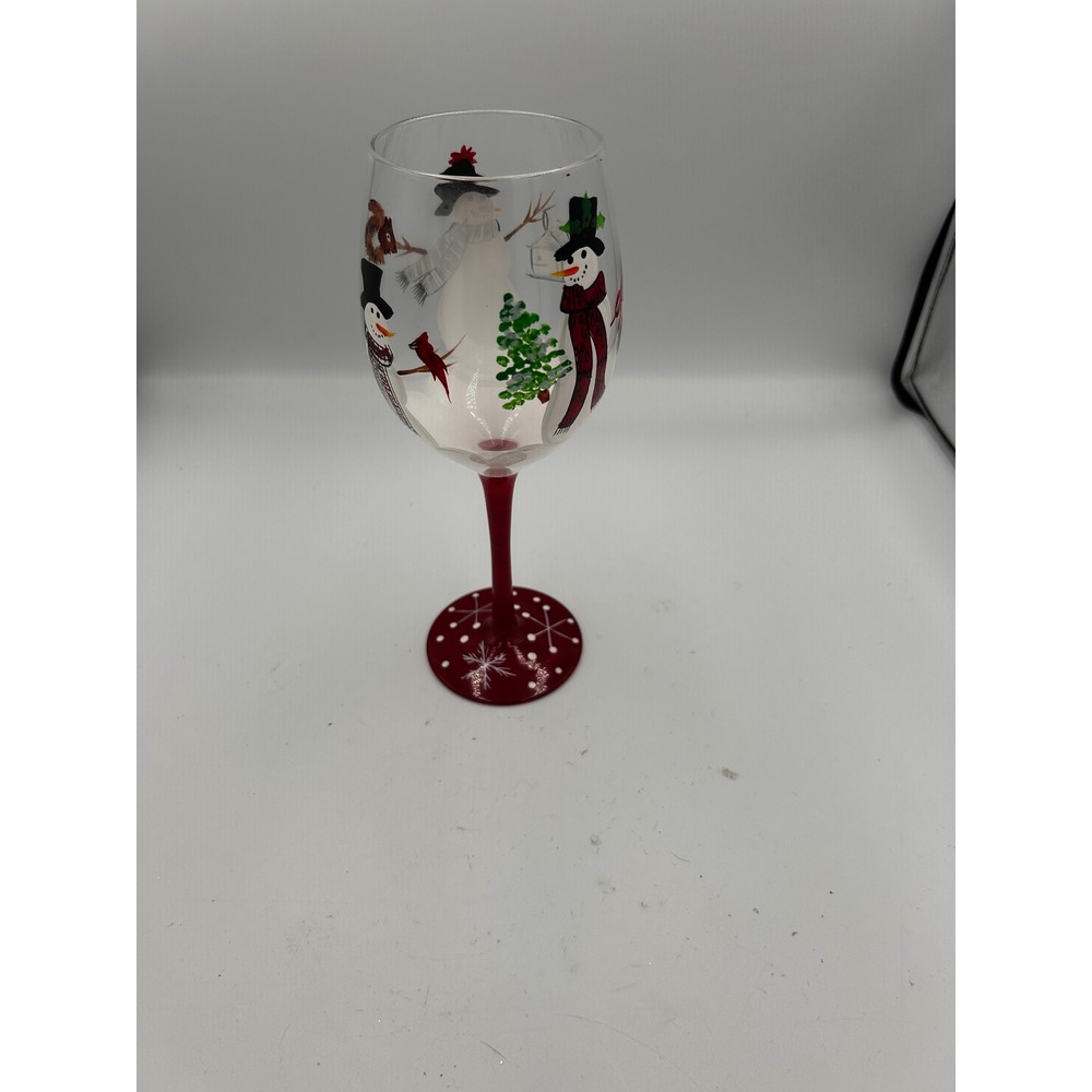 Hand Painted Snowman Wine Glass Red Stem Holiday Christmas Stemware Cardinal